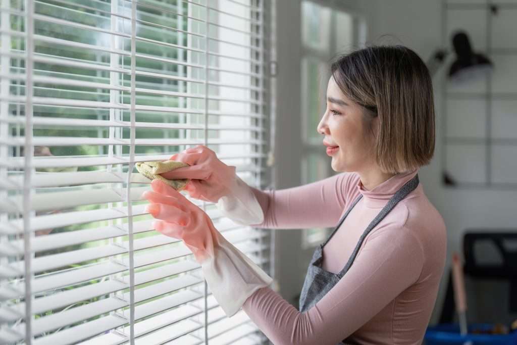 Maggy Maid cheerful housekeeper cleaning window blinds with a cloth for a bright and dust-free home interior