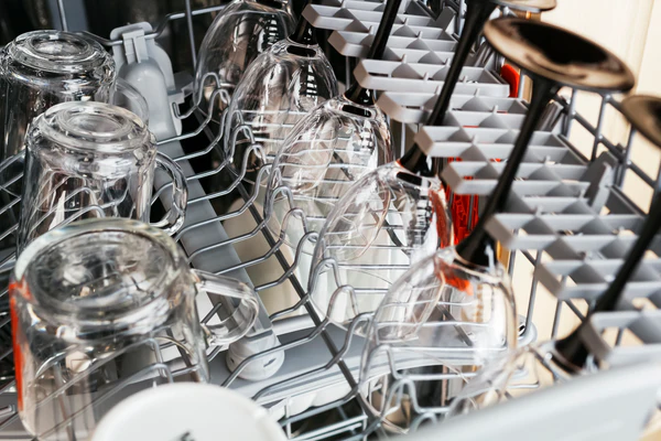 Maggy Maid kitchen cleaning service with clean glassware and wine glasses loaded in a dishwasher rack