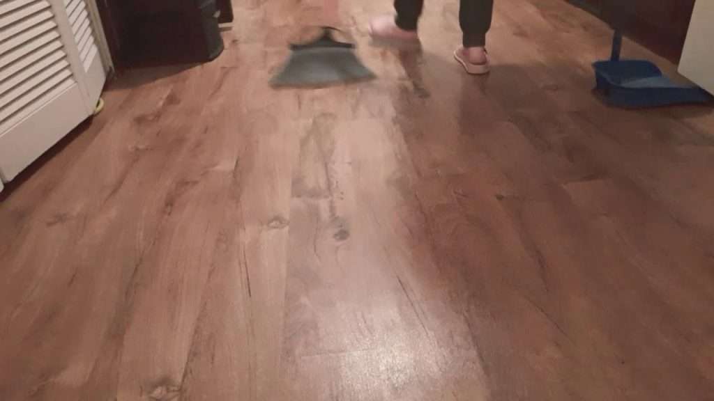 Maggy Maid floor cleaning service with a person mopping a hardwood floor using a flat mop alongside a dustpan