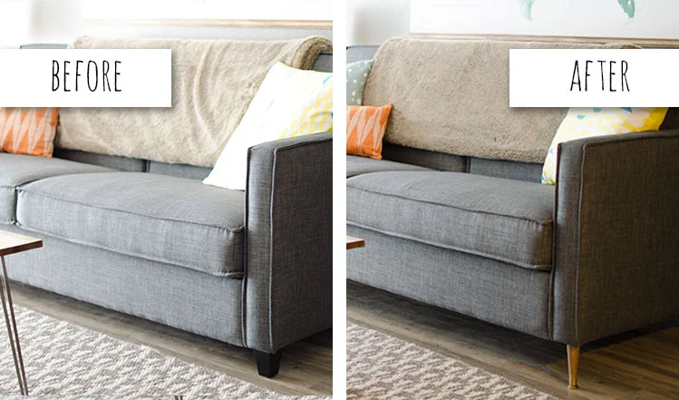Maggy Maid before and after home cleaning results showing a gray sofa transformed from cluttered with throw blankets to neatly arranged in a tidy living room