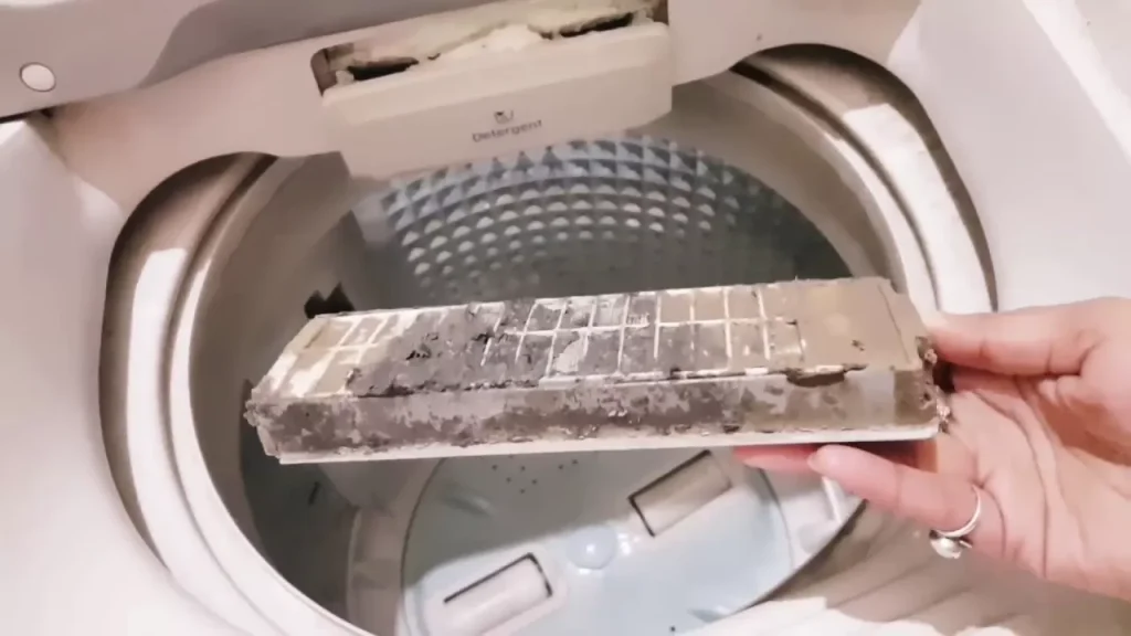 Maggy Maid home maintenance tip showing a hand holding a heavily clogged and dirty washing machine lint filter removed from a top-load washer